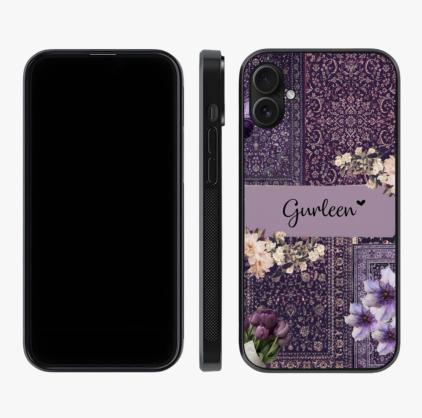 Antique Floral Whisper Custom Name Glass Case displayed upright for full design visibility and premium finish.
