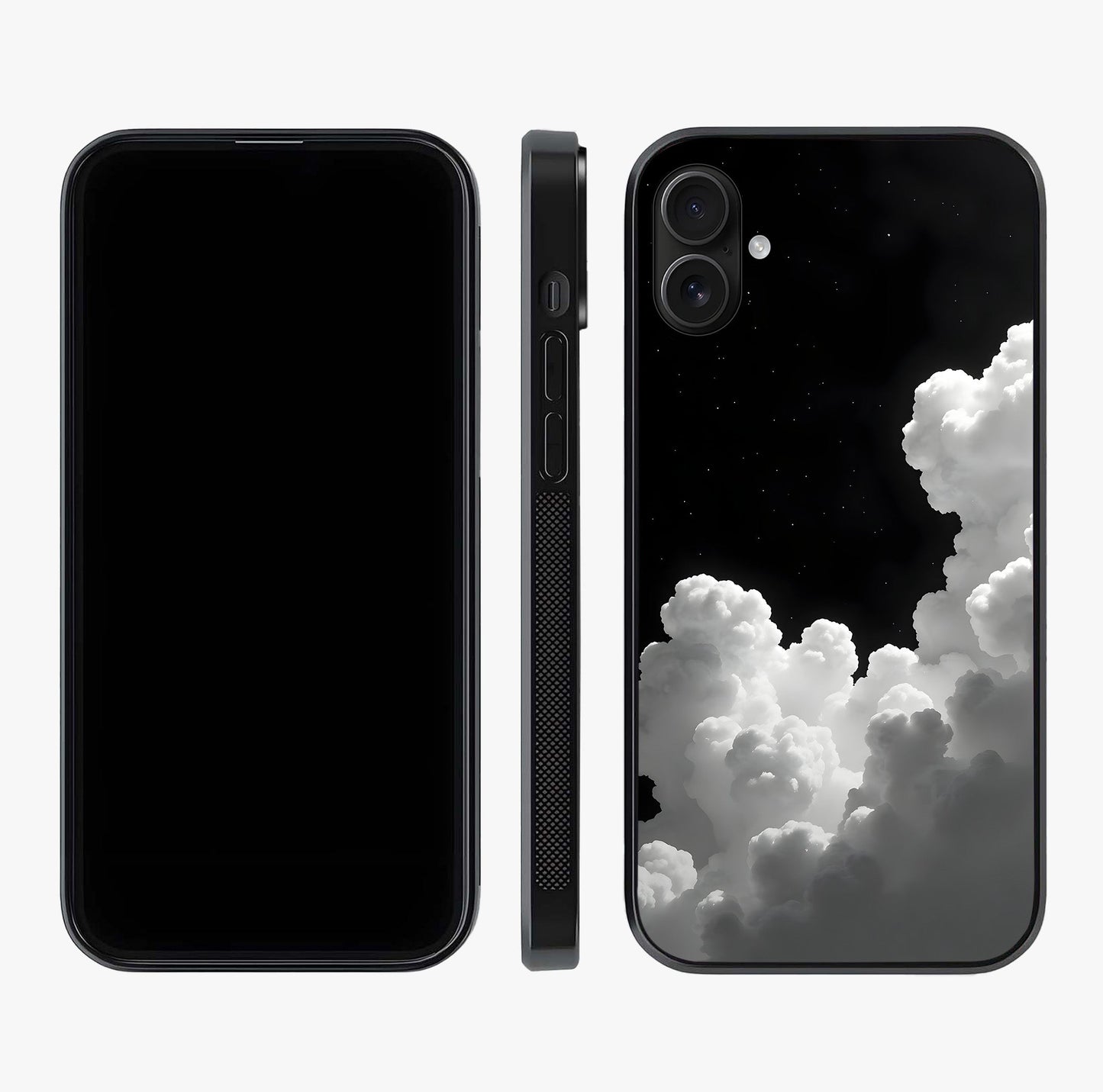 Black Background With White Cloud Glass Case displayed upright for full design visibility and premium finish.