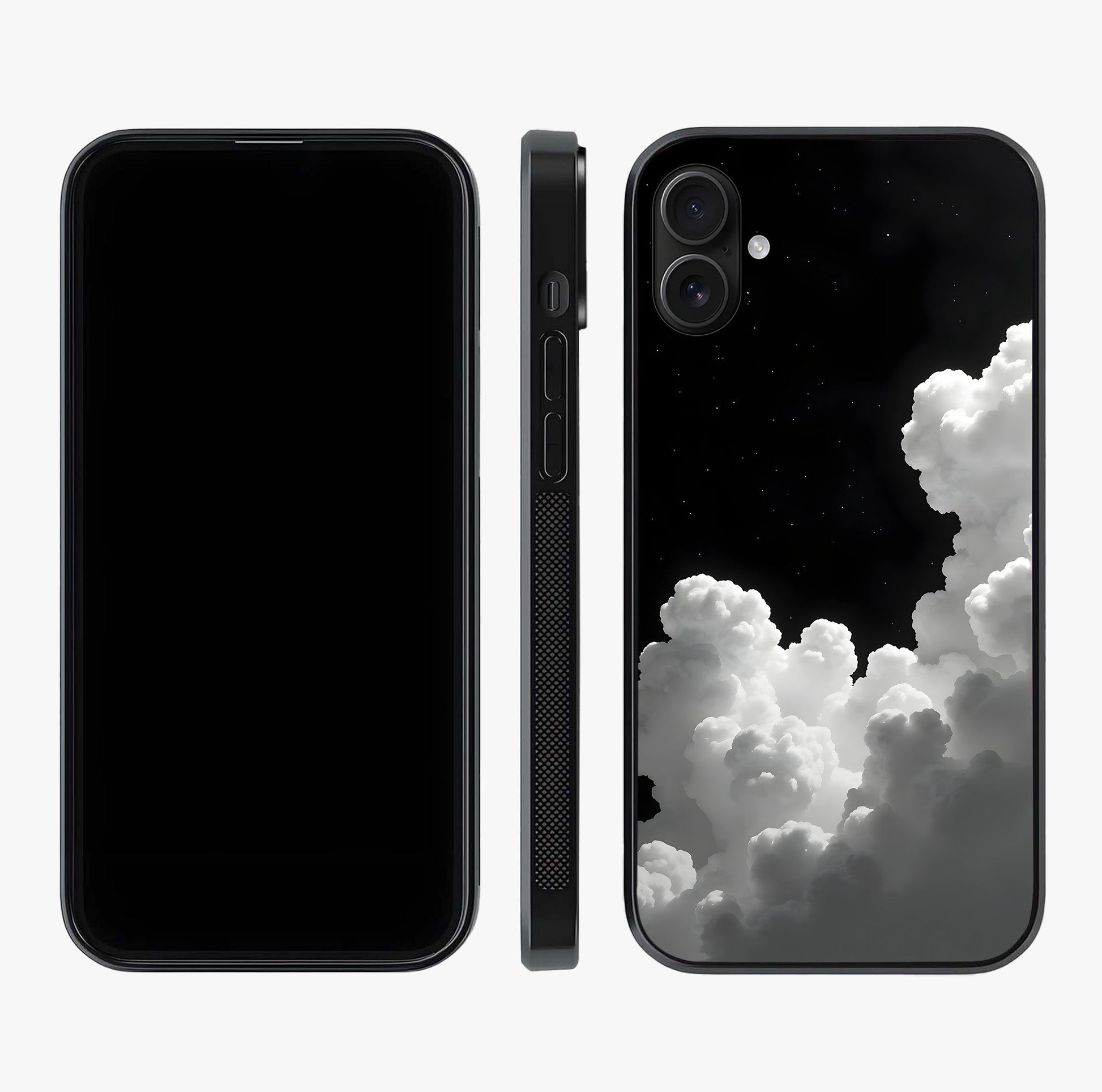 Black Background With White Cloud Glass Case displayed upright for full design visibility and premium finish.