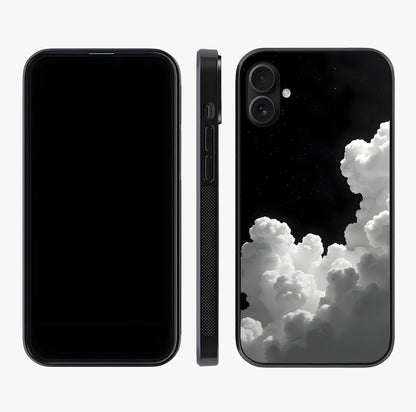 Black Background With White Cloud Glass Case displayed upright for full design visibility and premium finish.