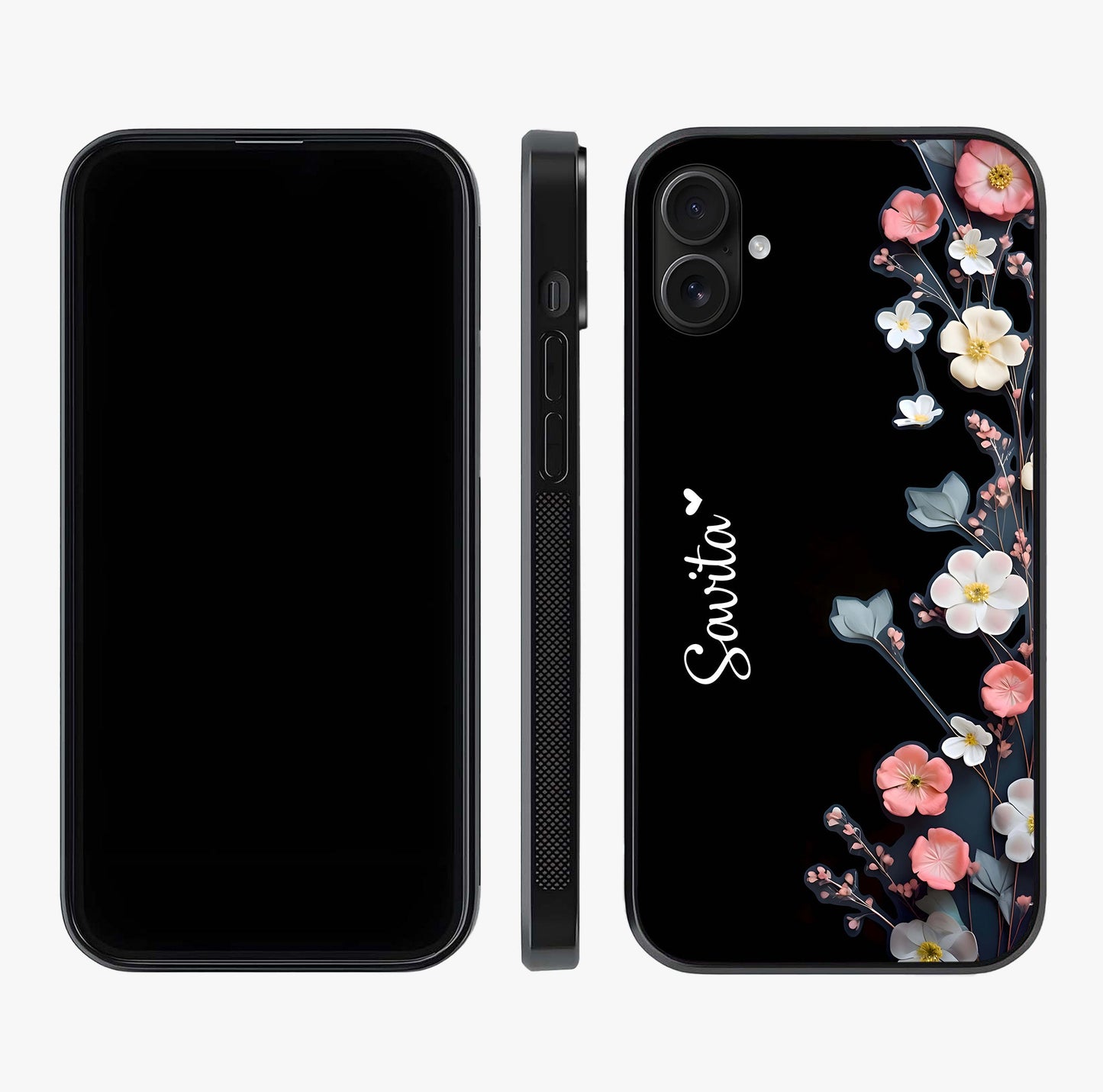 Black Elegance Floral Custom Name Glass Case displayed upright for full design visibility and premium finish.