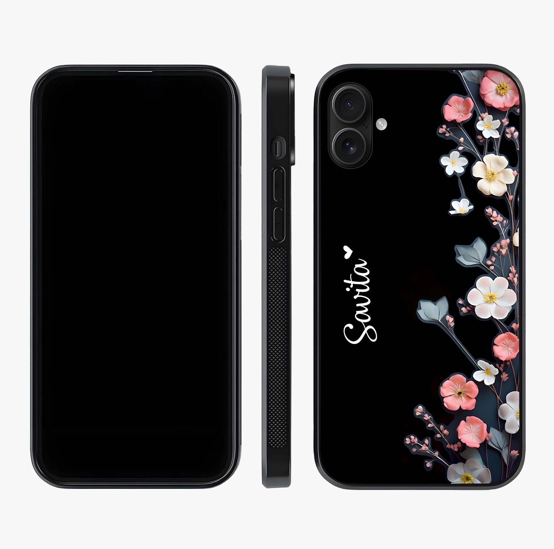Black Elegance Floral Custom Name Glass Case displayed upright for full design visibility and premium finish.