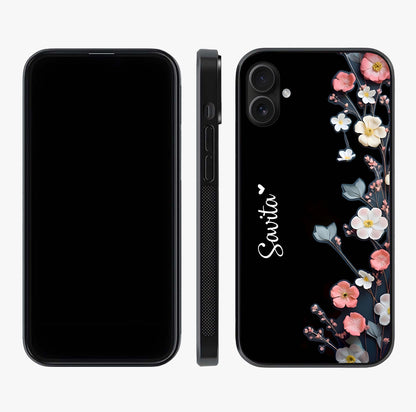 Black Elegance Floral Custom Name Glass Case displayed upright for full design visibility and premium finish.