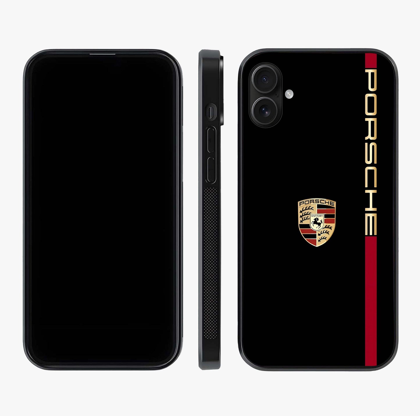 Black Minimal Porsche Glass Case displayed upright for full design visibility and premium finish.