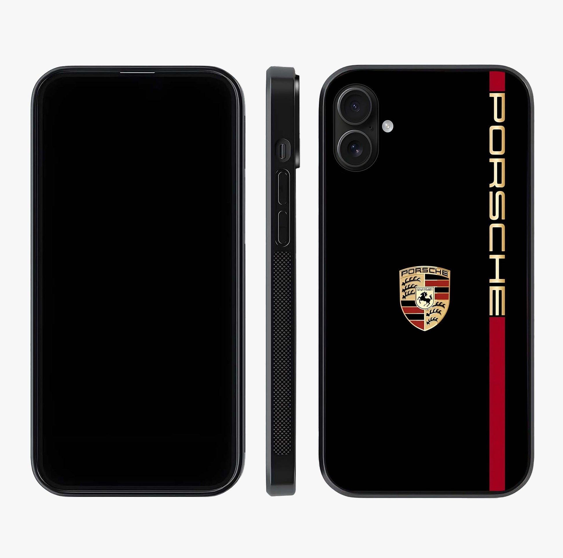 Black Minimal Porsche Glass Case displayed upright for full design visibility and premium finish.