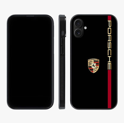 Black Minimal Porsche Glass Case displayed upright for full design visibility and premium finish.
