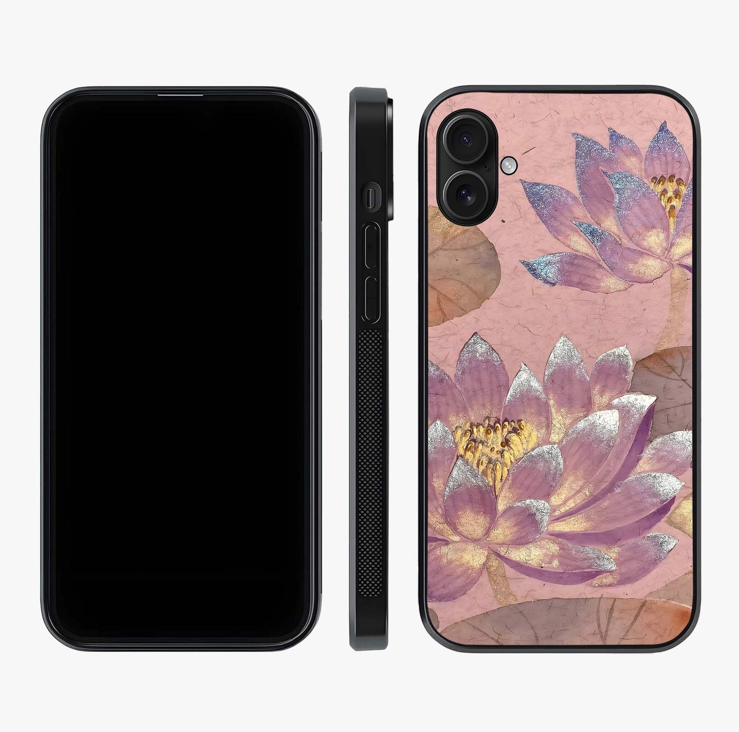 Blossom Mist Lotus Glass Case displayed upright for full design visibility and premium finish.