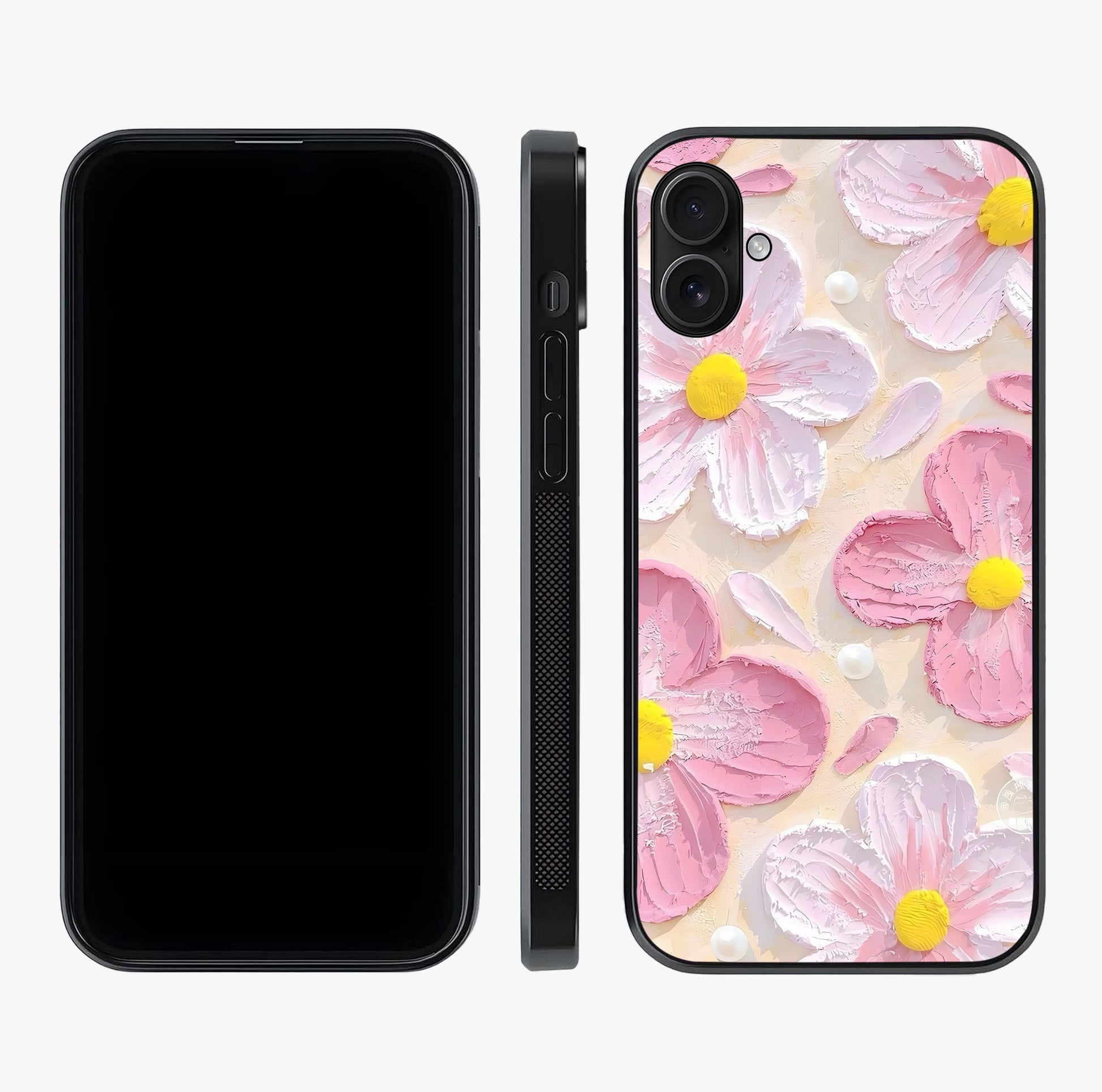 Blush Bloom Texture Glass Case displayed upright for full design visibility and premium finish.