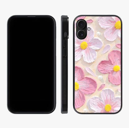 Blush Bloom Texture Glass Case displayed upright for full design visibility and premium finish.