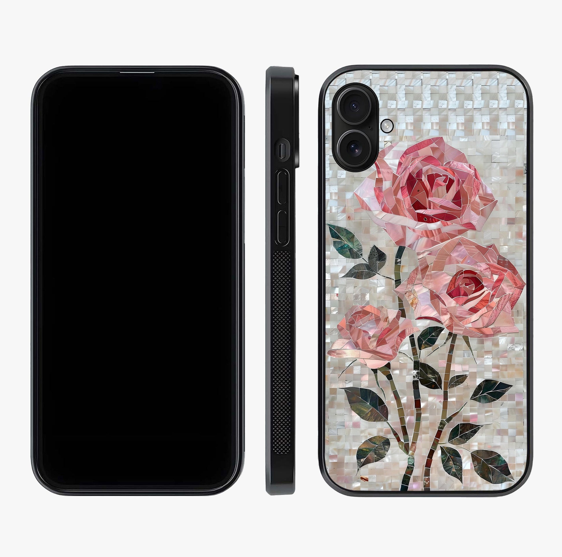 Blush Mosaic Bloom Glass Case displayed upright for full design visibility and premium finish.