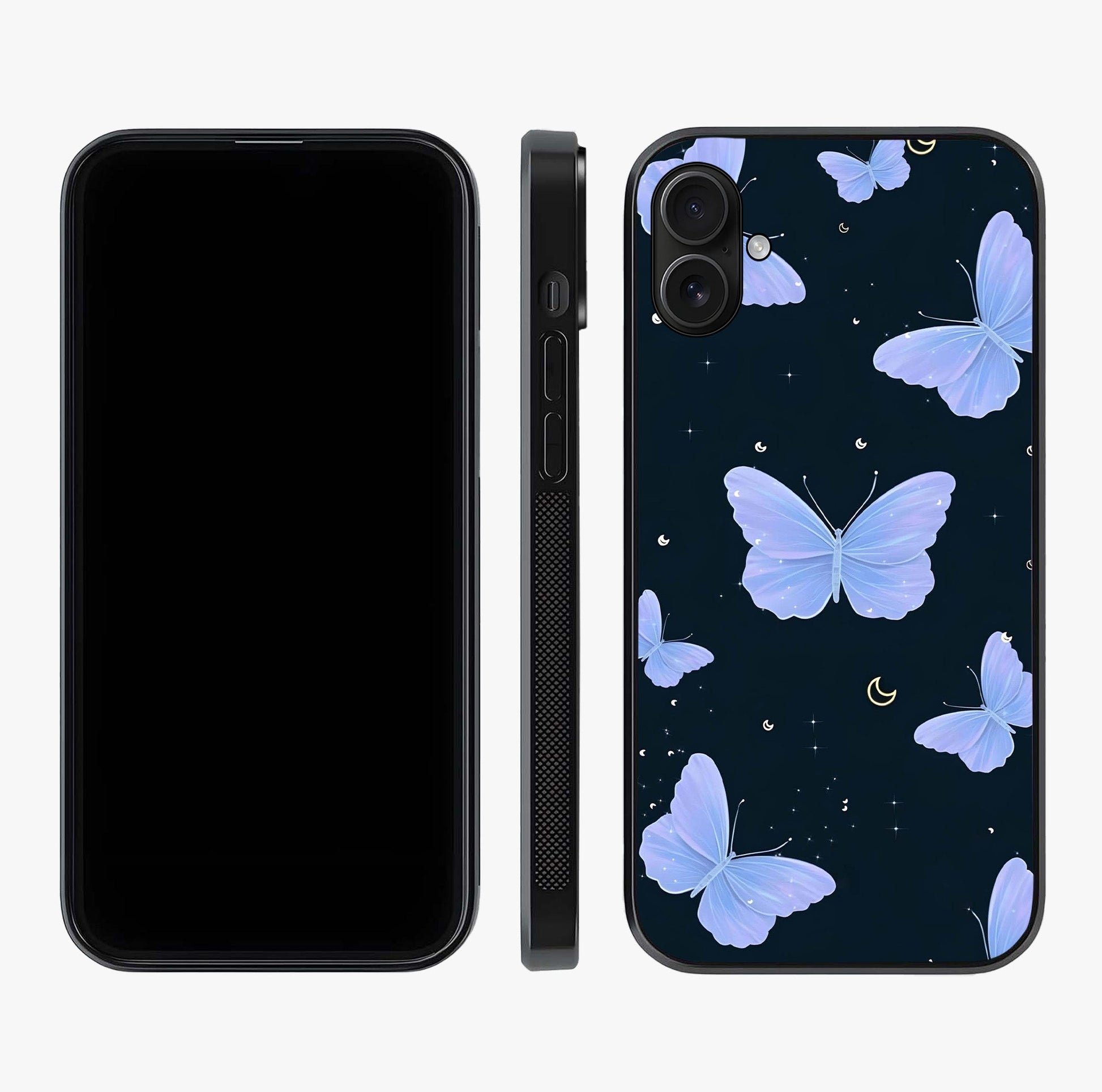 Butterfly With Stars Pattern Glass Case displayed upright for full design visibility and premium finish.