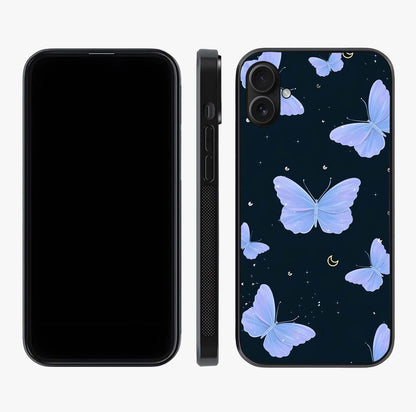 Butterfly With Stars Pattern Glass Case displayed upright for full design visibility and premium finish.