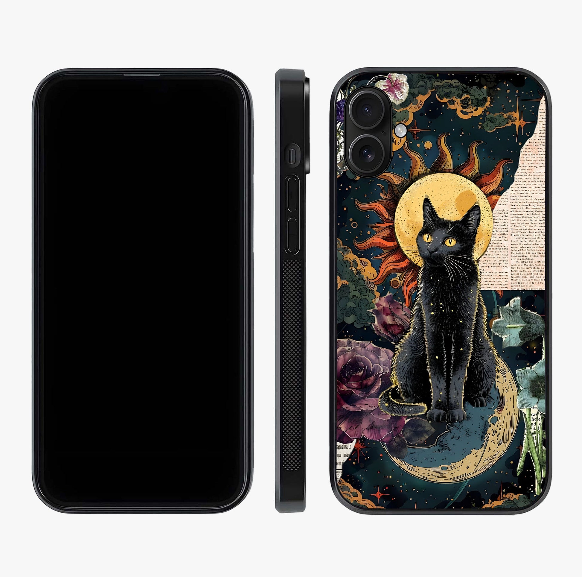 Celestial Black Cat Glass Case displayed upright for full design visibility and premium finish.