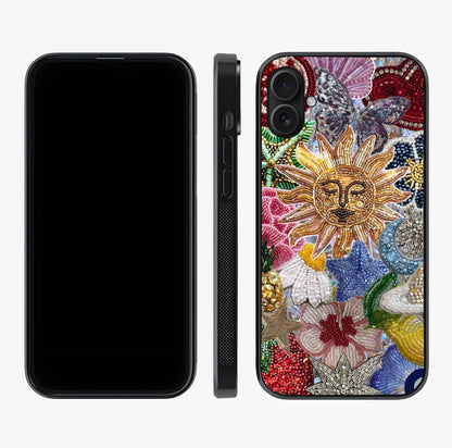 Celestial Floral And Playful Glass Case displayed upright for full design visibility and premium finish.