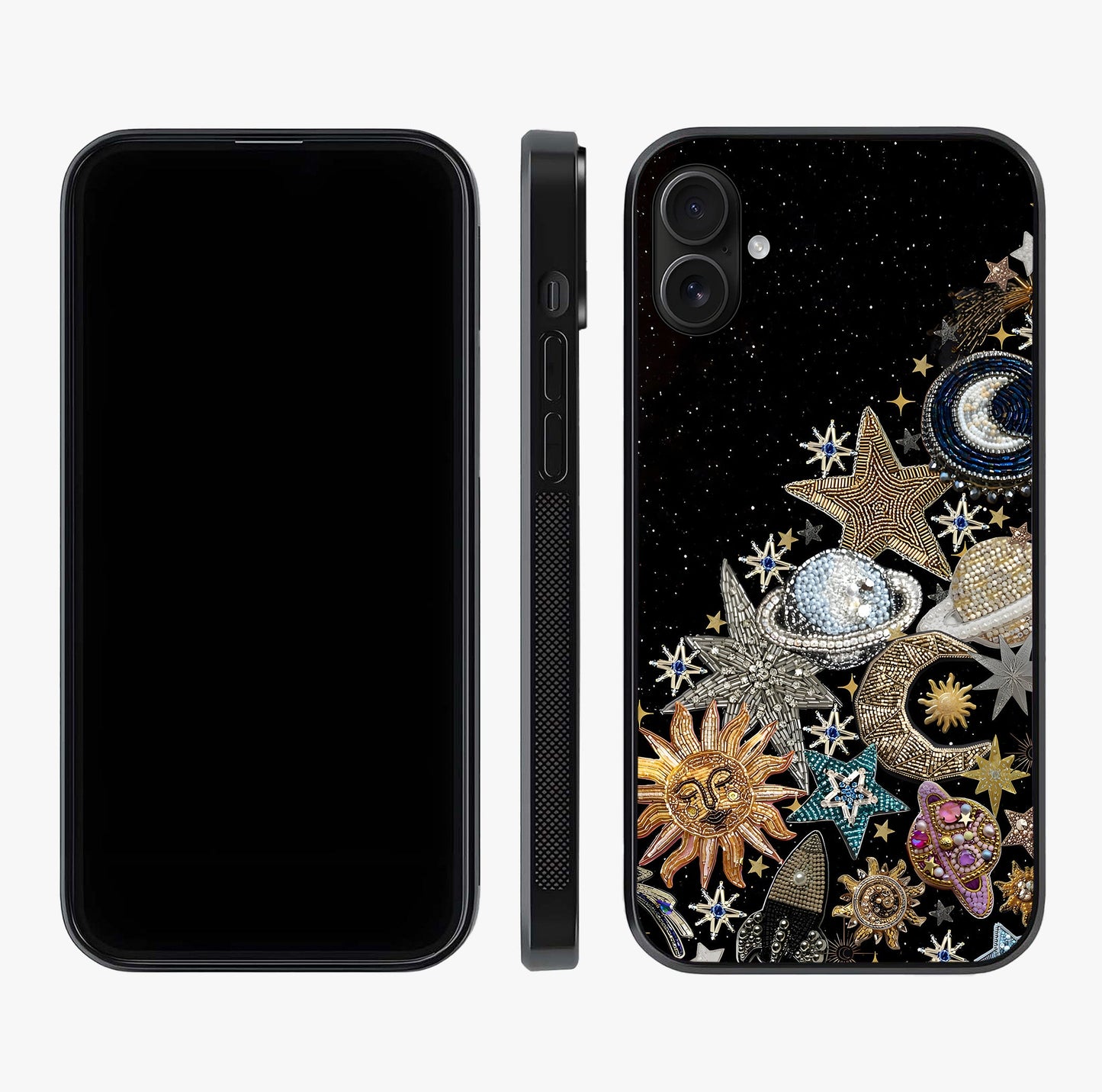 Cosmic Sparkle Dreams Glass Case displayed upright for full design visibility and premium finish.