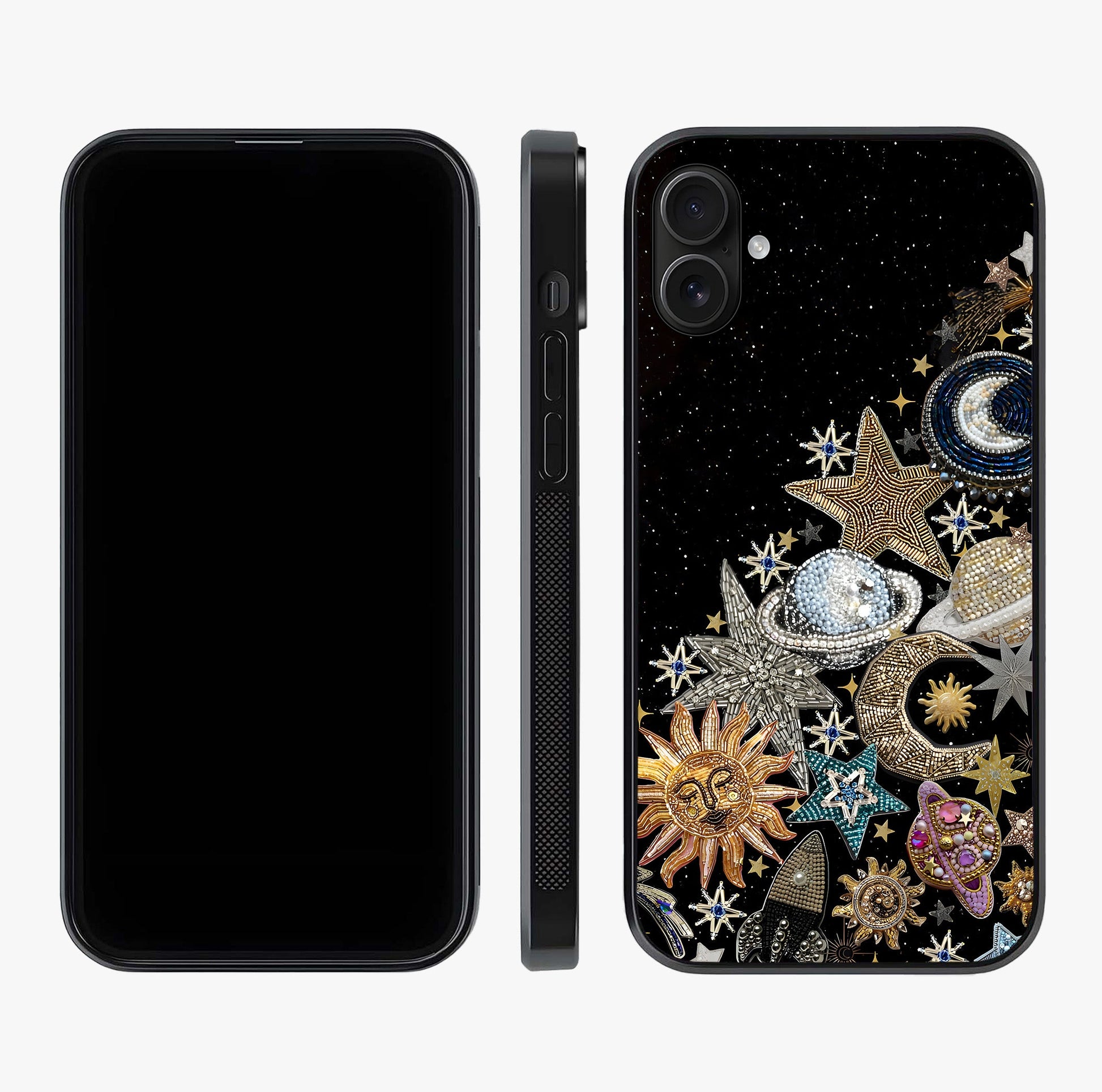 Cosmic Sparkle Dreams Glass Case displayed upright for full design visibility and premium finish.