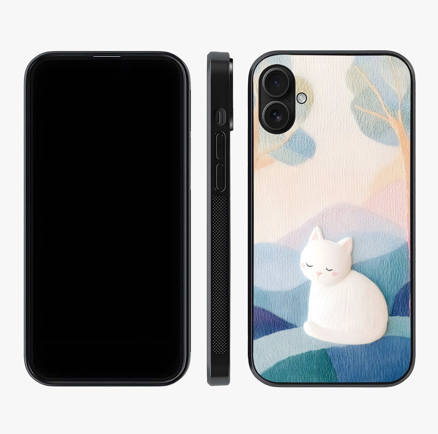 Cotton Dream Cat Glass Case displayed upright for full design visibility and premium finish.