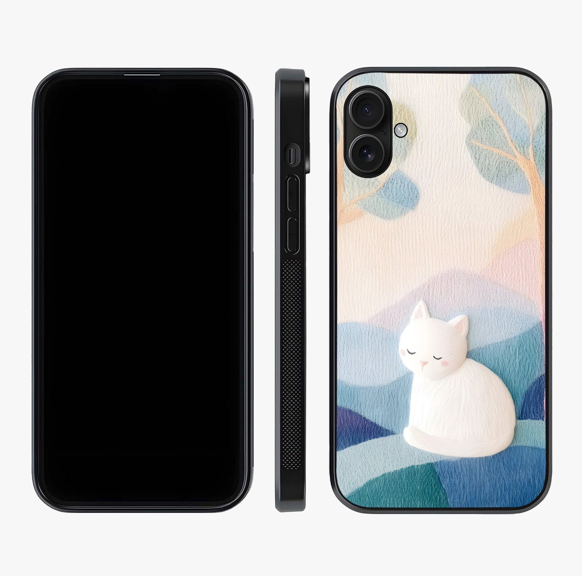Cotton Dream Cat Glass Case displayed upright for full design visibility and premium finish.