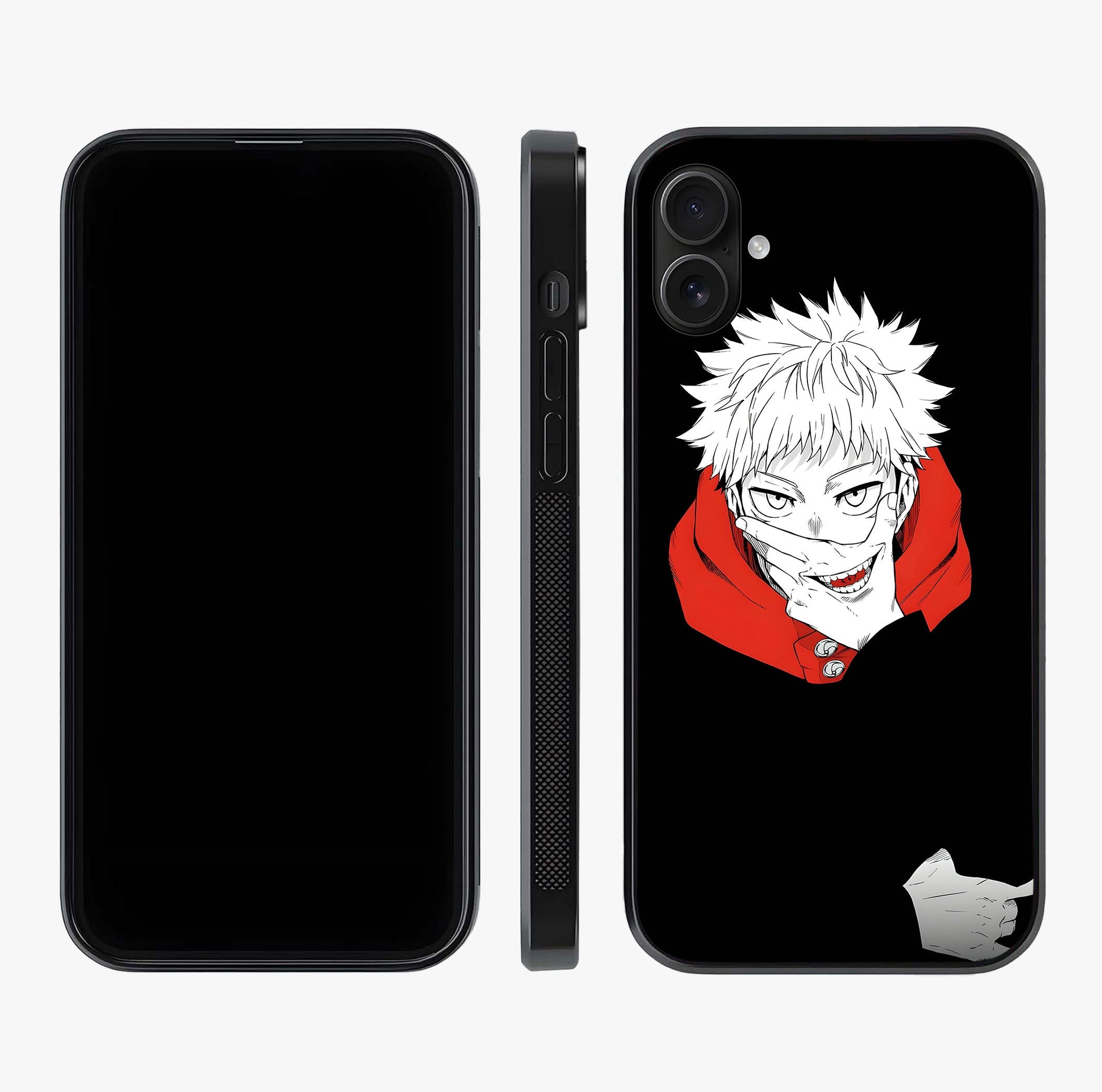 Crimson Chaos Smile Glass Case displayed upright for full design visibility and premium finish.
