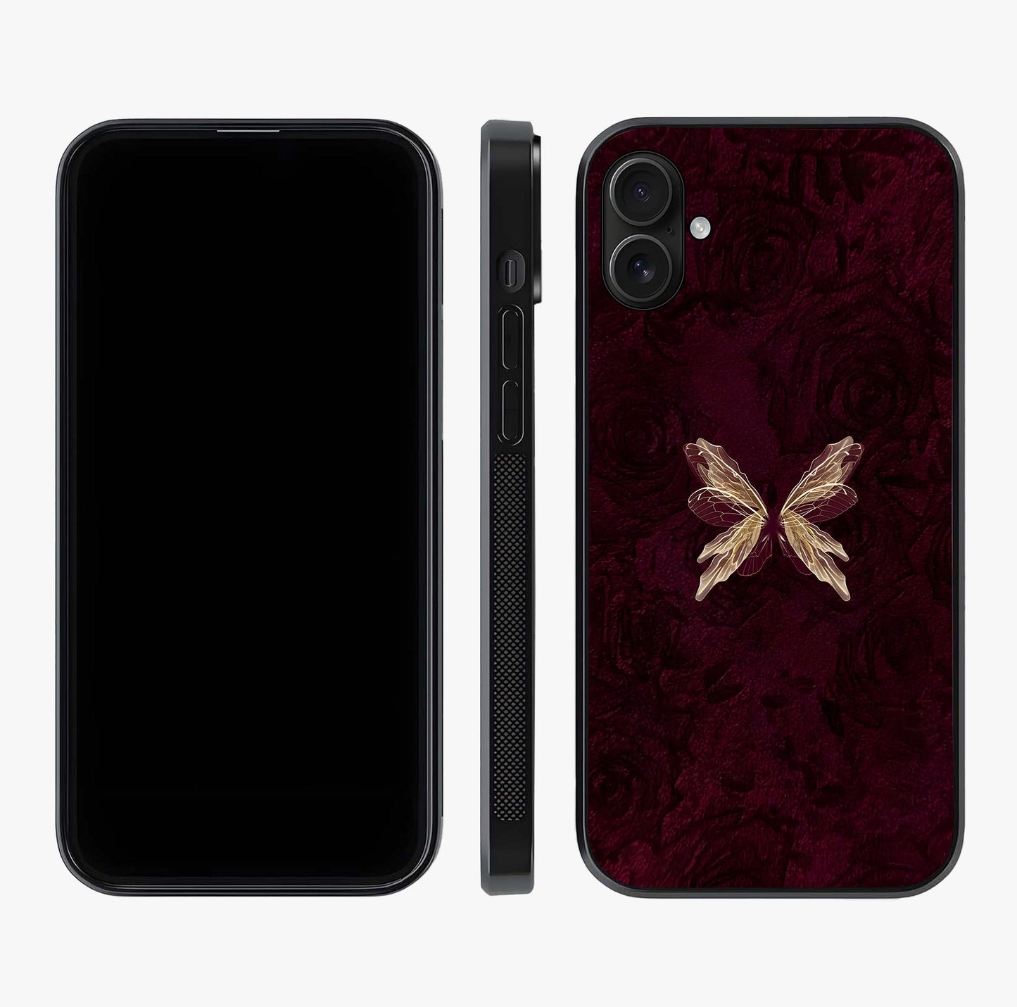 Crimson Fade Butterfly Glass Case displayed upright for full design visibility and premium finish.