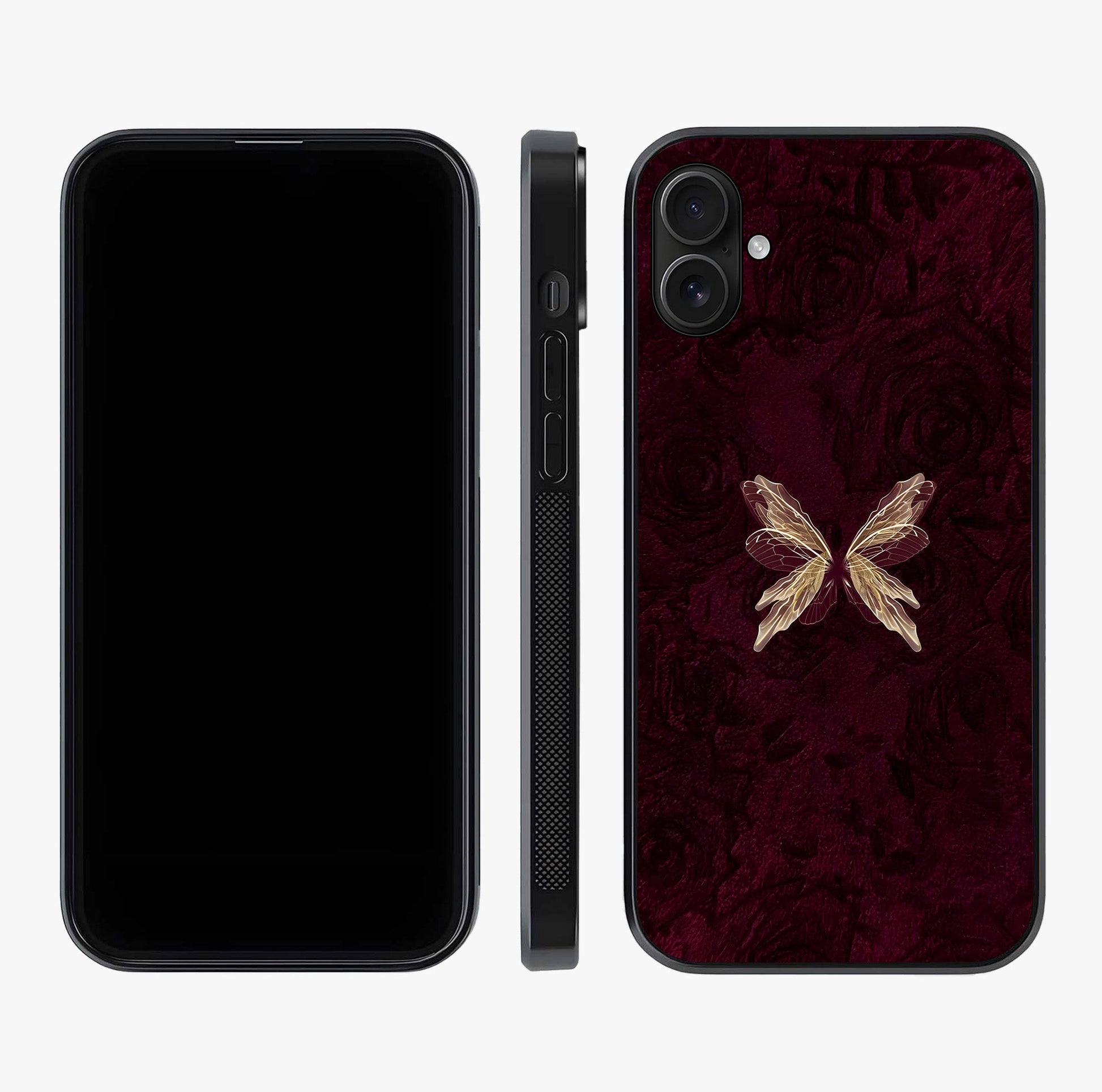 Crimson Fade Butterfly Glass Case displayed upright for full design visibility and premium finish.