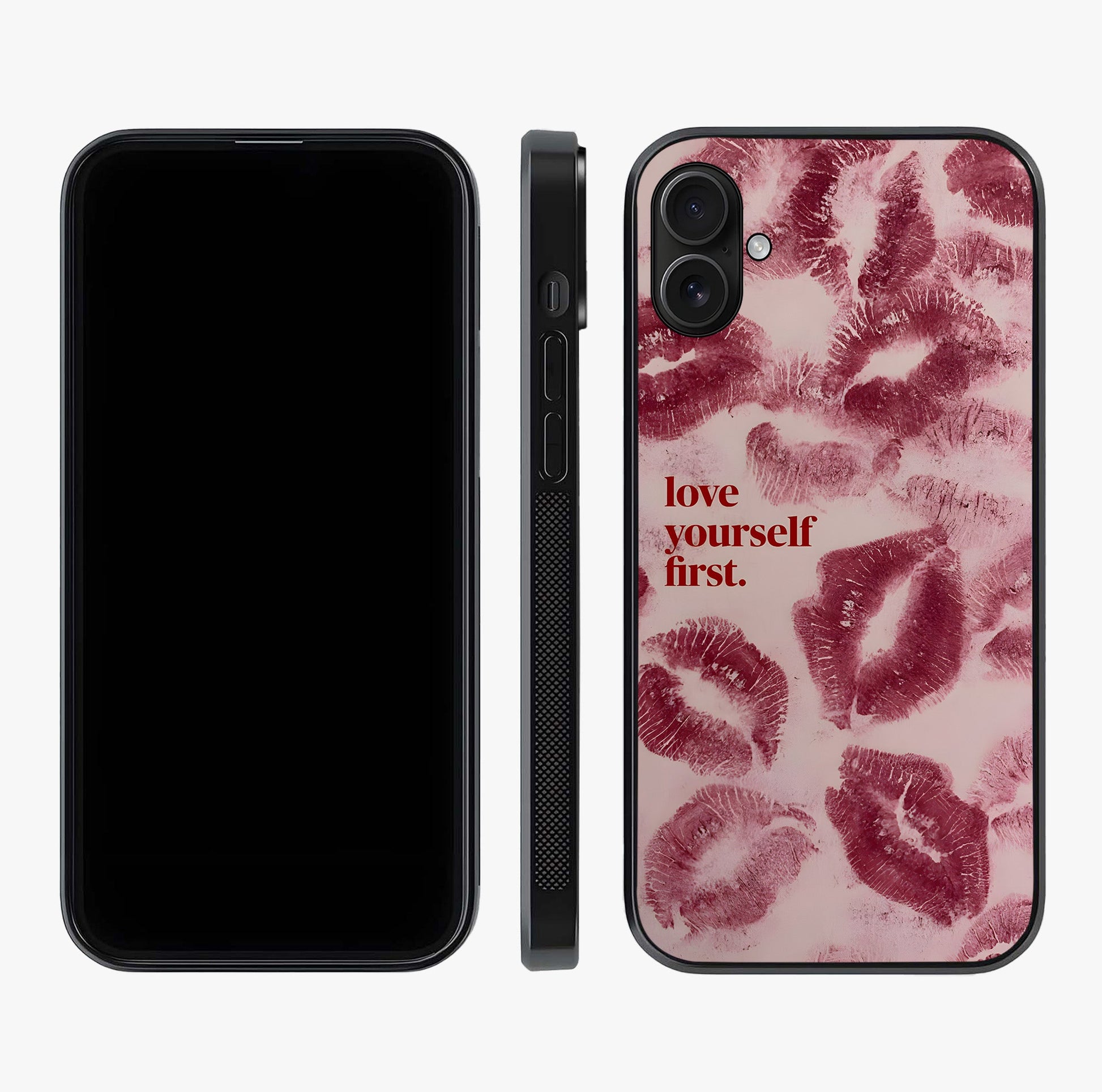 Crimson Kiss Love Glass Case displayed upright for full design visibility and premium finish.