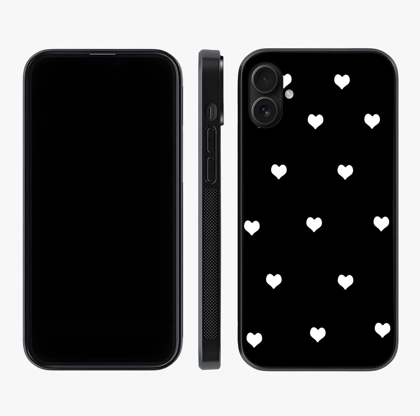 Cute And Simple White Hearts Glass Case displayed upright for full design visibility and premium finish.