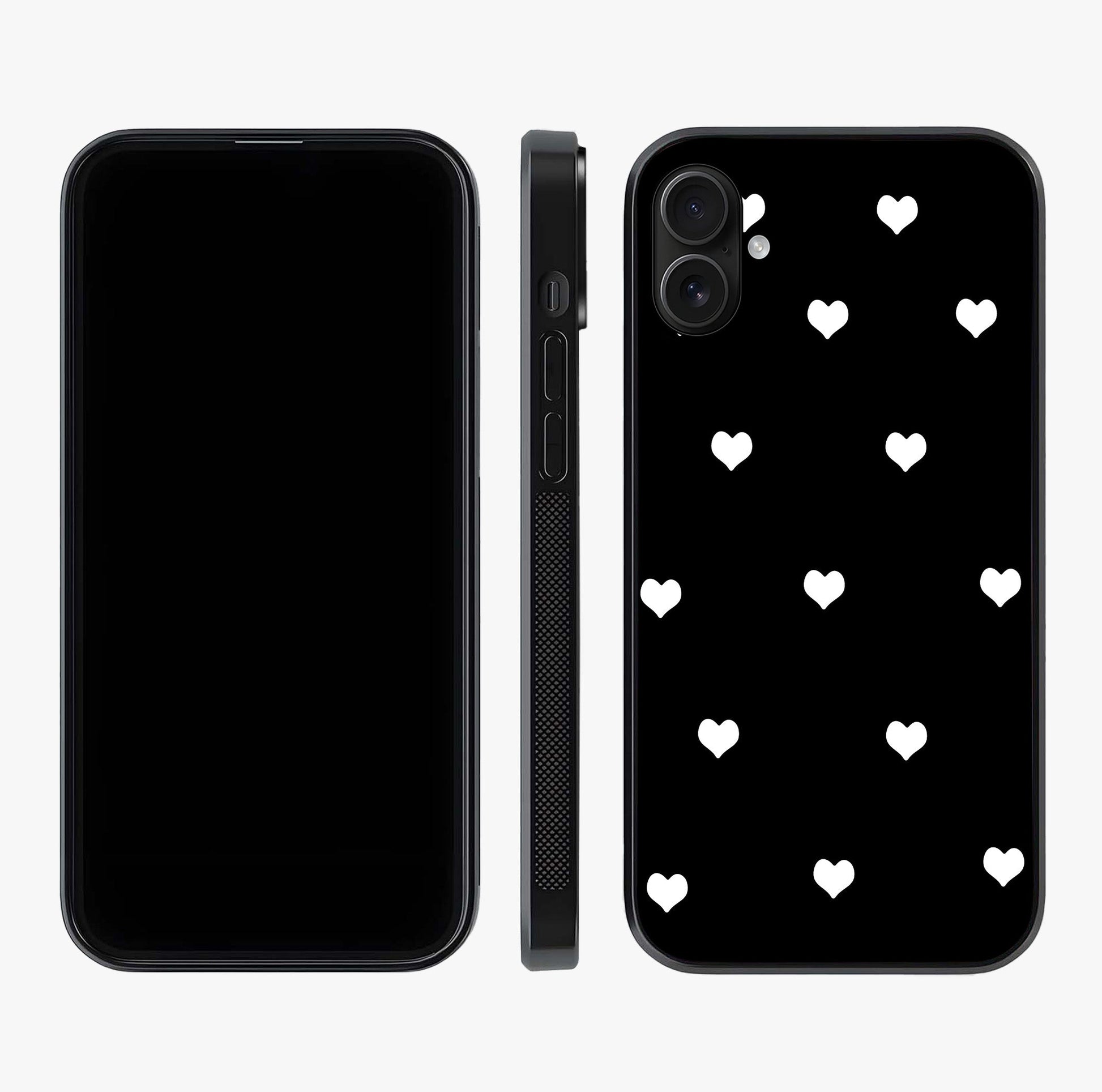 Cute And Simple White Hearts Glass Case displayed upright for full design visibility and premium finish.