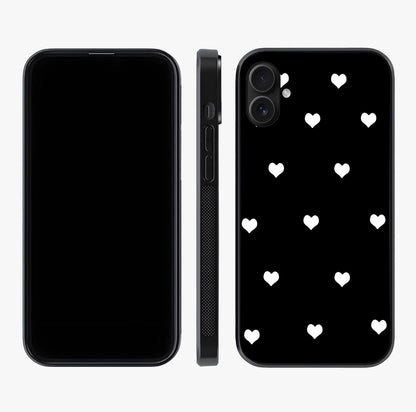 Cute And Simple White Hearts Glass Case displayed upright for full design visibility and premium finish.