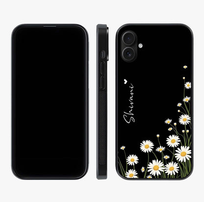 Daisy Cascade Custom Name Glass Case displayed upright for full design visibility and premium finish.