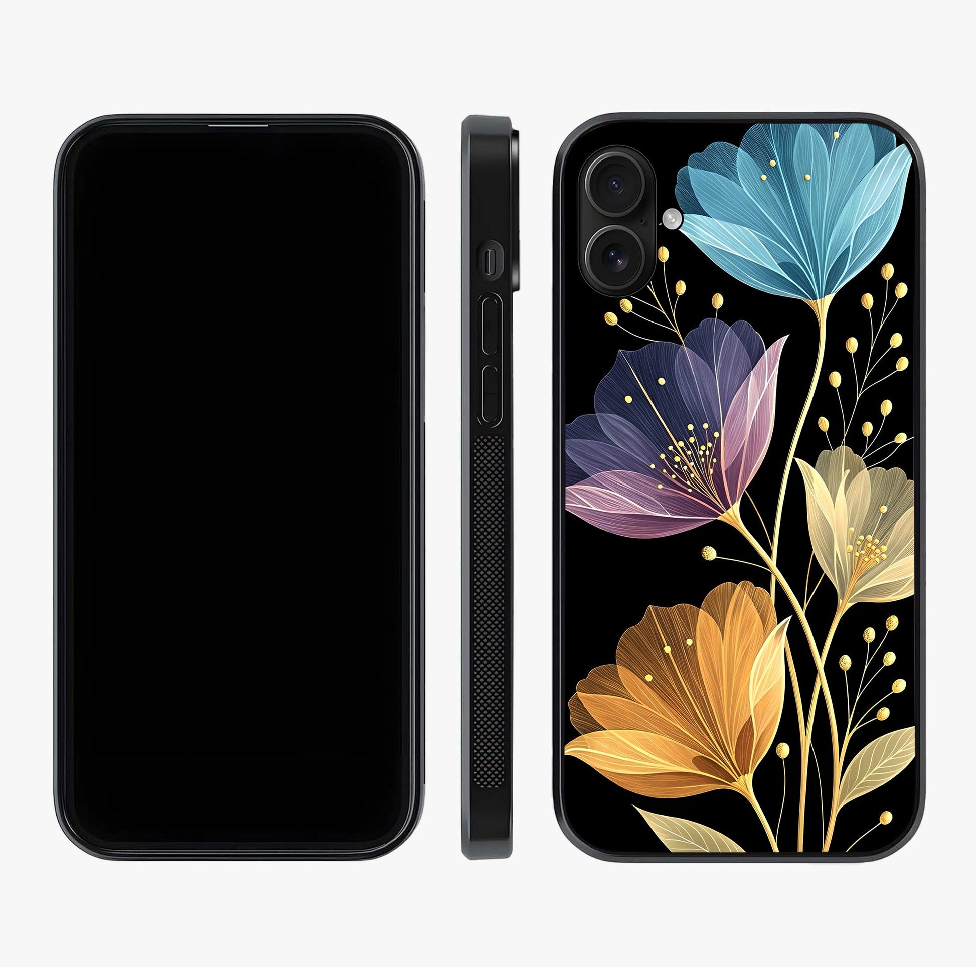 Delicate Multicolor Flowers Glass Case displayed upright for full design visibility and premium finish.
