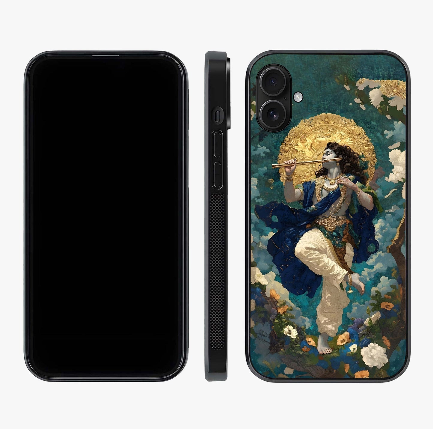 Divine Krishna Art Glass Case displayed upright for full design visibility and premium finish.