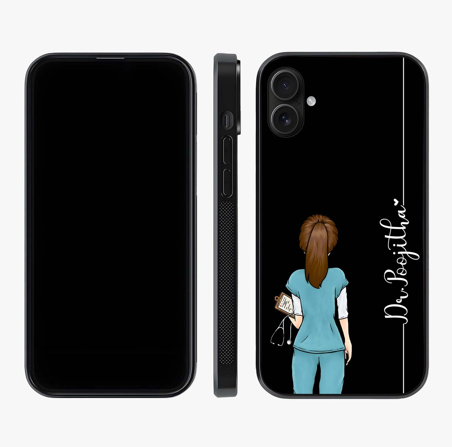 Doctor Pattern Custom Name Glass Case displayed upright for full design visibility and premium finish.