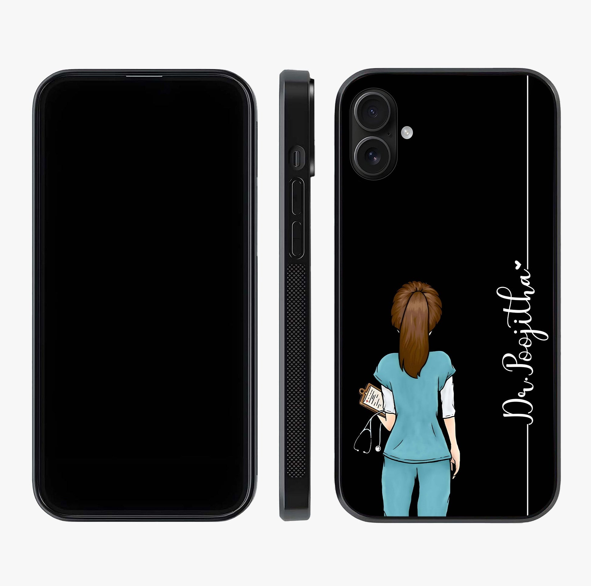 Doctor Pattern Custom Name Glass Case displayed upright for full design visibility and premium finish.