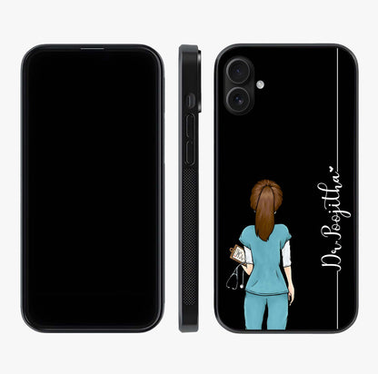 Doctor Pattern Custom Name Glass Case displayed upright for full design visibility and premium finish.