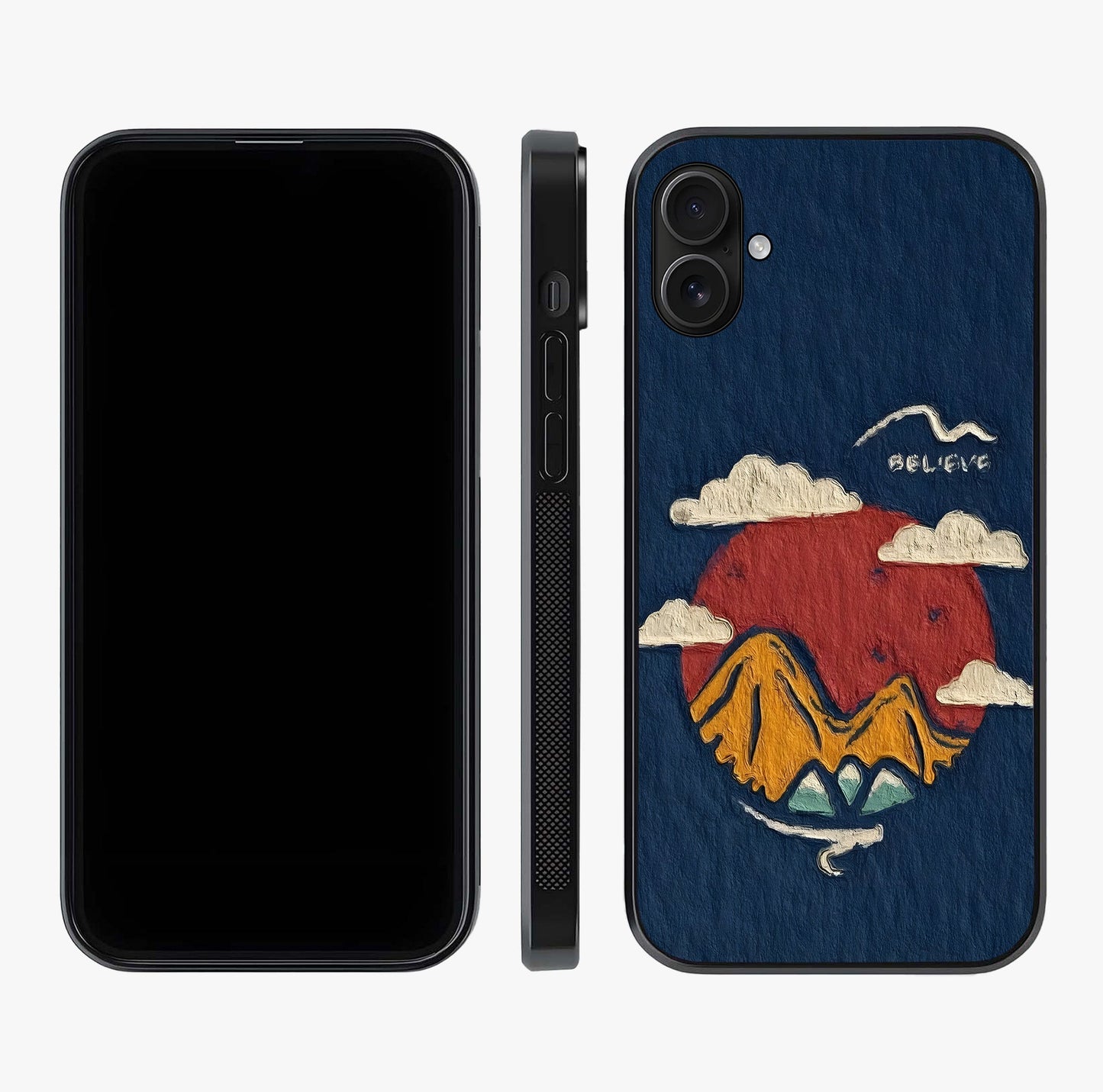Dream Beyond Mountains Glass Case displayed upright for full design visibility and premium finish.