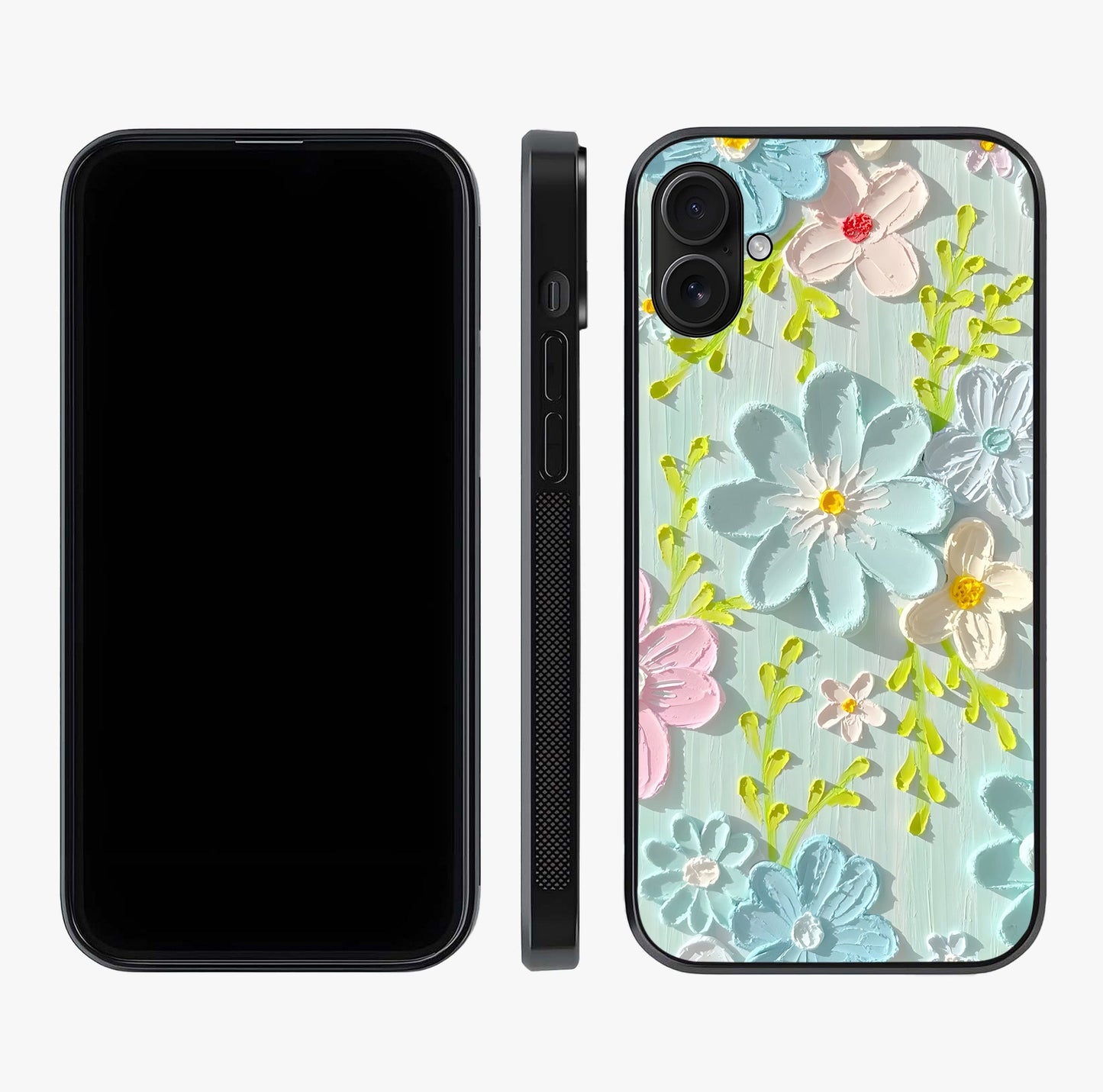 Frosted Petal Garden Glass Case displayed upright for full design visibility and premium finish.