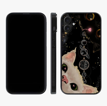 Galactic Cat Glass Case displayed upright for full design visibility and premium finish.