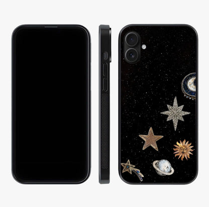 Galactic Charm Glow Glass Case displayed upright for full design visibility and premium finish.