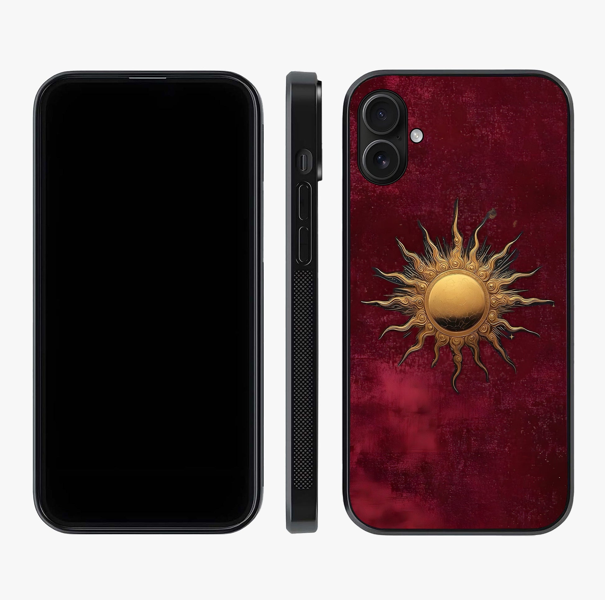 Gold Sun Blush Glass Case displayed upright for full design visibility and premium finish.