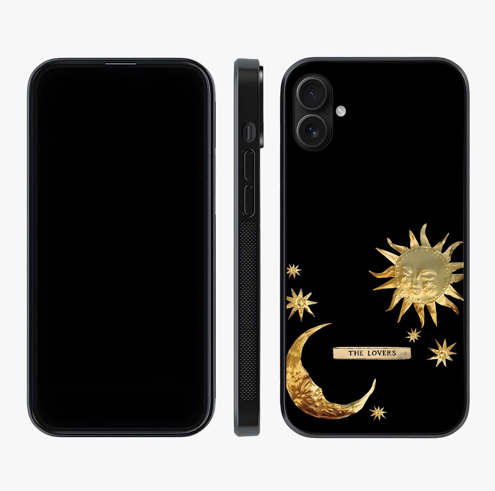 Golden Celestial Charm Glass Case displayed upright for full design visibility and premium finish.
