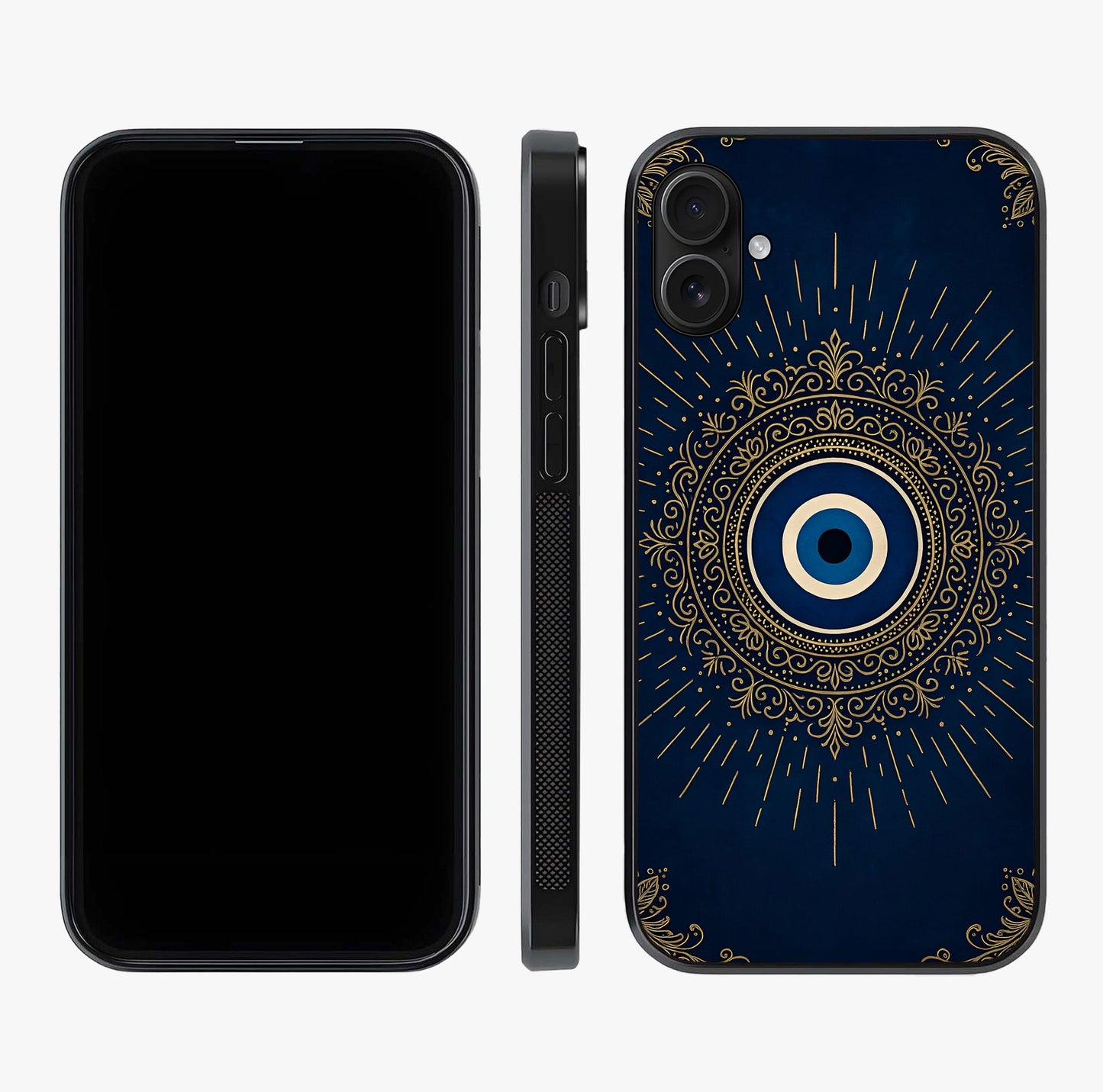 Golden Evil Eye Mandala Glass Case displayed upright for full design visibility and premium finish.