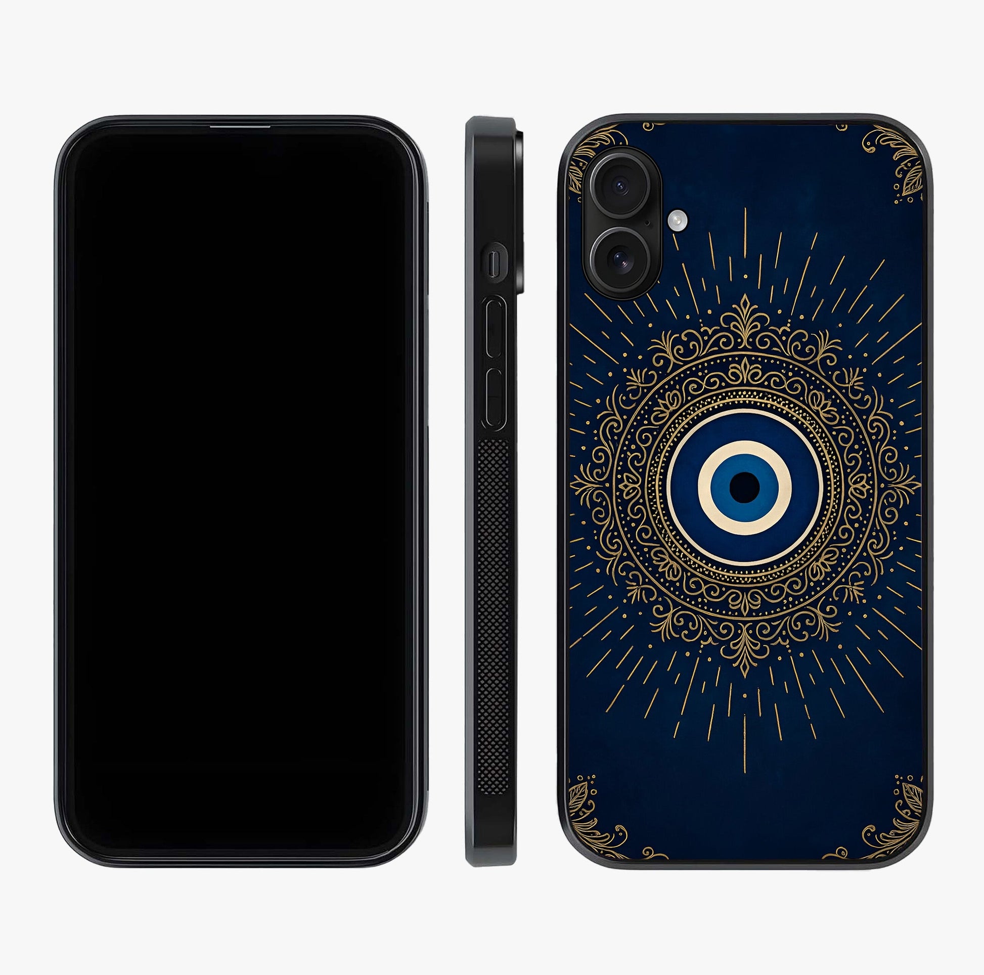 Golden Evil Eye Mandala Glass Case displayed upright for full design visibility and premium finish.