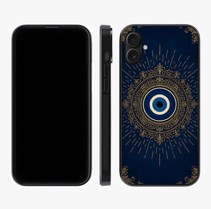 Golden Evil Eye Mandala Glass Case displayed upright for full design visibility and premium finish.