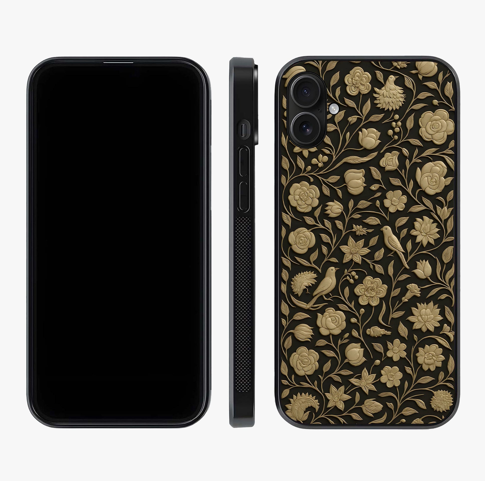 Golden Floral Majesty Glass Case displayed upright for full design visibility and premium finish.