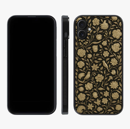 Golden Floral Majesty Glass Case displayed upright for full design visibility and premium finish.