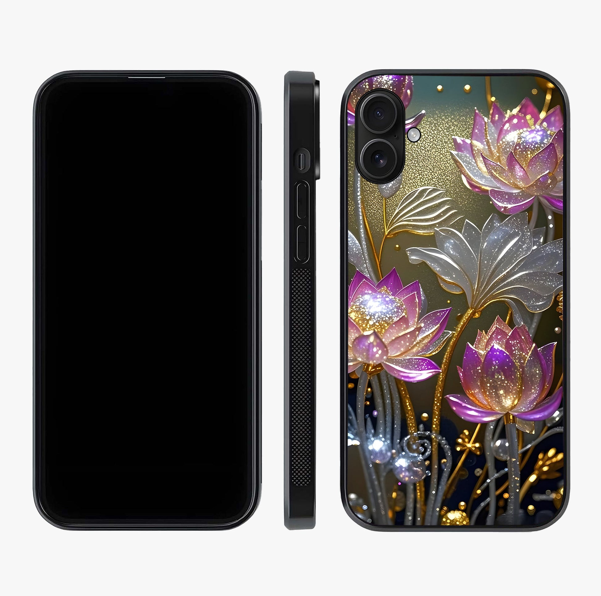 Golden Lotus Glow Glass Case displayed upright for full design visibility and premium finish.