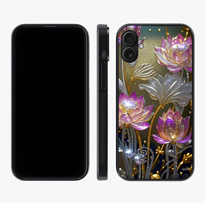 Golden Lotus Glow Glass Case displayed upright for full design visibility and premium finish.