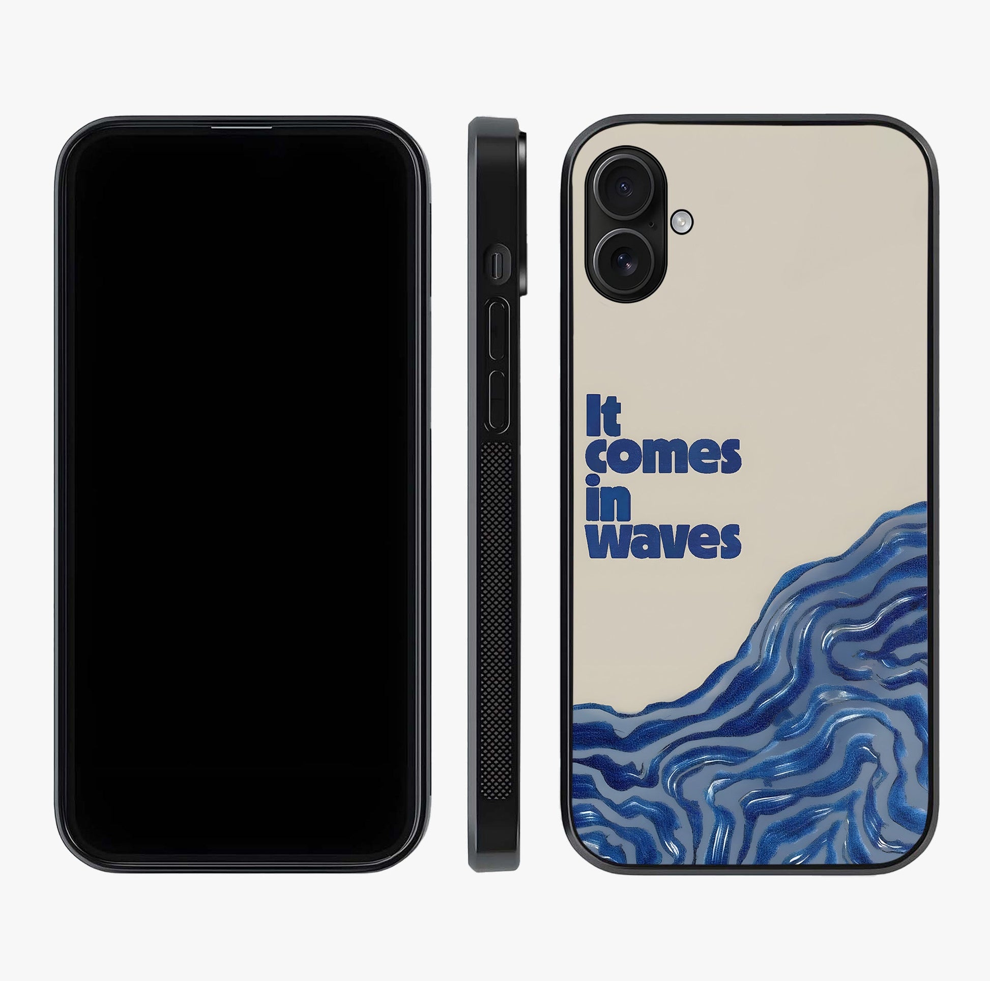 It Comes In Waves Quote Glass Case displayed upright for full design visibility and premium finish.