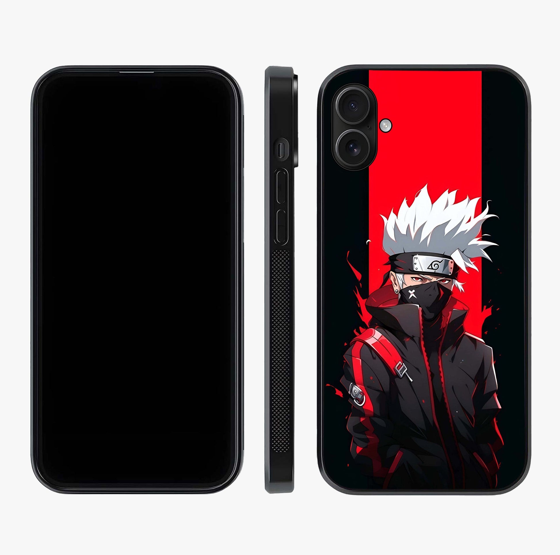Kakashi Scarlet Shadow Glass Case displayed upright for full design visibility and premium finish.